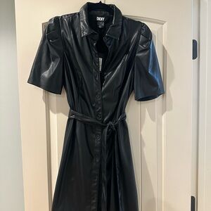 DKNY Black Faux Leather Midi Shirt Dress with Self-Tie Belt